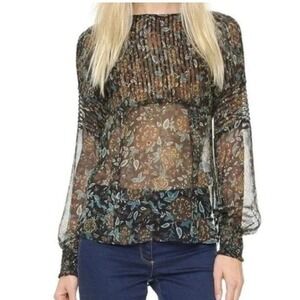 Veronica Beard Silk Floral Blouse Sz‎ 2 Sheer Smocked Long Sleeve Boho Romantic